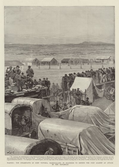 Esperando, los habitantes de Fort Victoria, Mashonaland, listos para defender el fuerte contra un ataque de los Matabeles de Joseph Nash